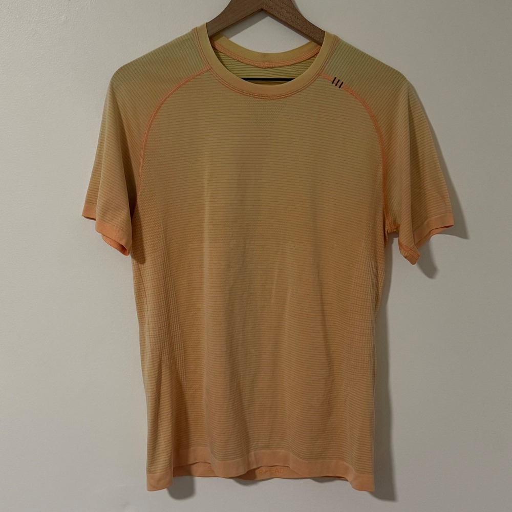 Lululemon Metal Vent Tech Shirt Mens S Orange Striped Short Sleeve Gym Workout